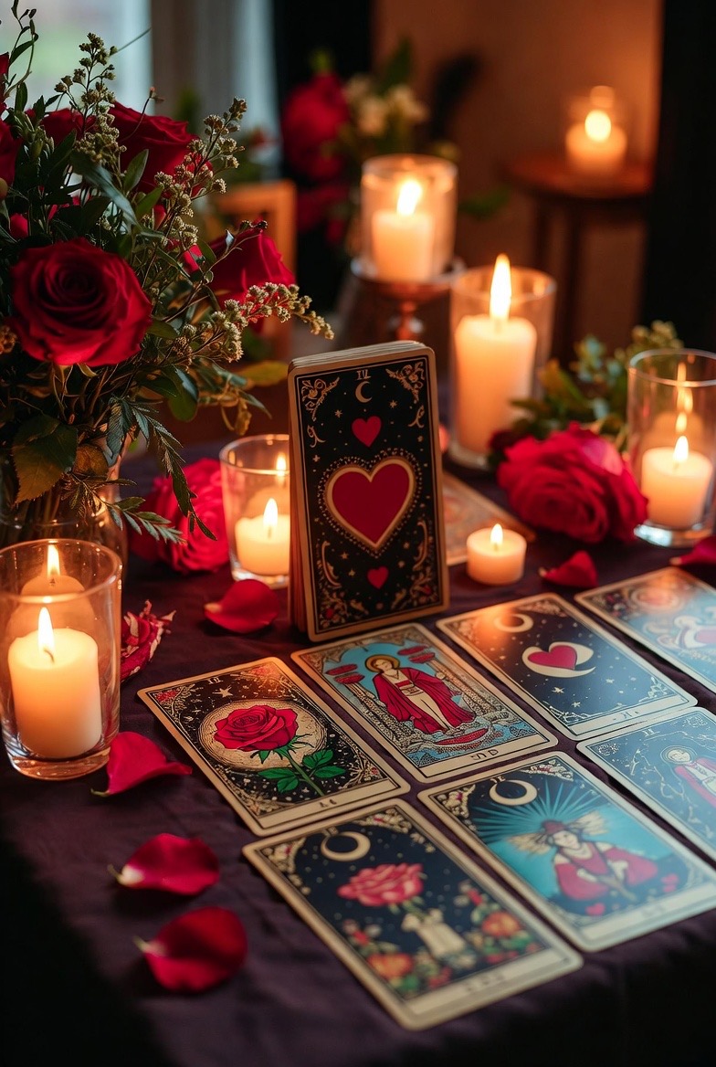 Candlelit tarot reading table with roses at Psychic Visions, Charleston